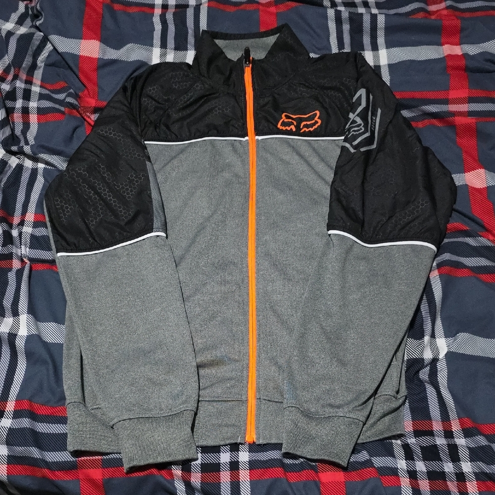 Fox Men's Gray and Black Zip-Up Jacket with Orange Accents